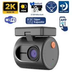 Kawa Mini 3 Gen2 2K 1296P WiFi 145° Geniş Açı Gece Görüşlü 32GB Hafıza Kartlı Akıllı Araç Kamerası